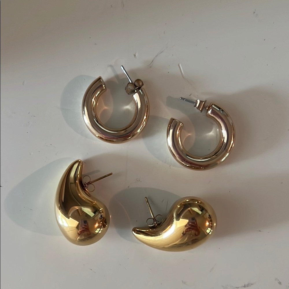 Gold Hoop and Teardrop Earrings Set